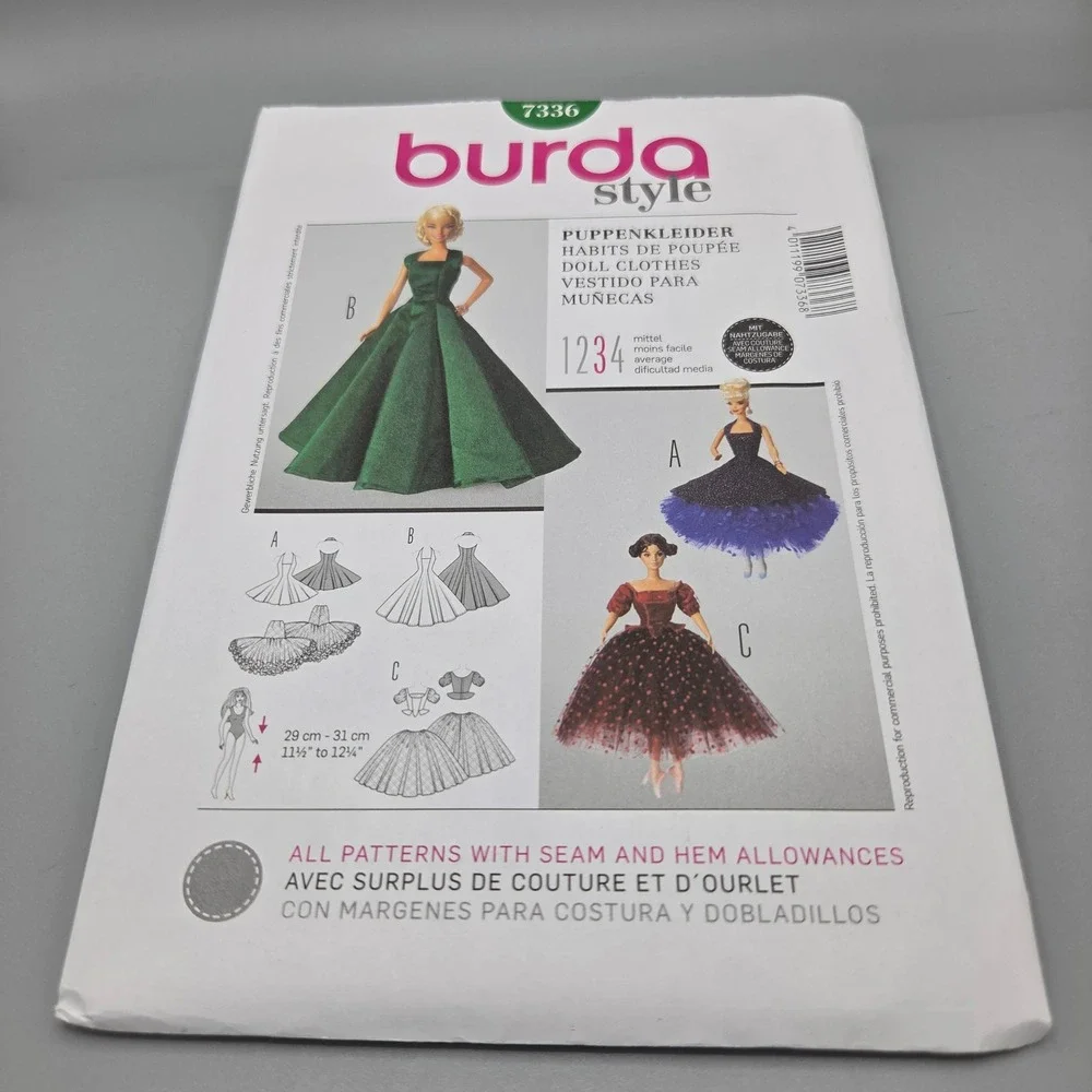 Burda Style 7336 Doll Clothes Sewing Pattern 11.5-12.75 inch Fashion Doll Gowns